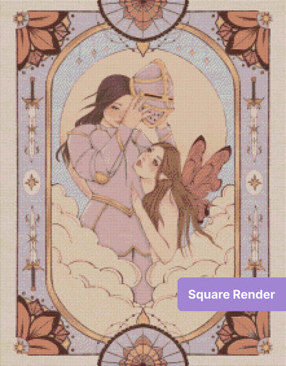 Fantasy fairy and knight in an ornate arched frame with soft clouds and celestial accents