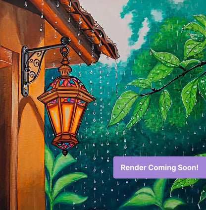 Glowing lantern beside rain-soaked leaves in a vibrant painted outdoor scene