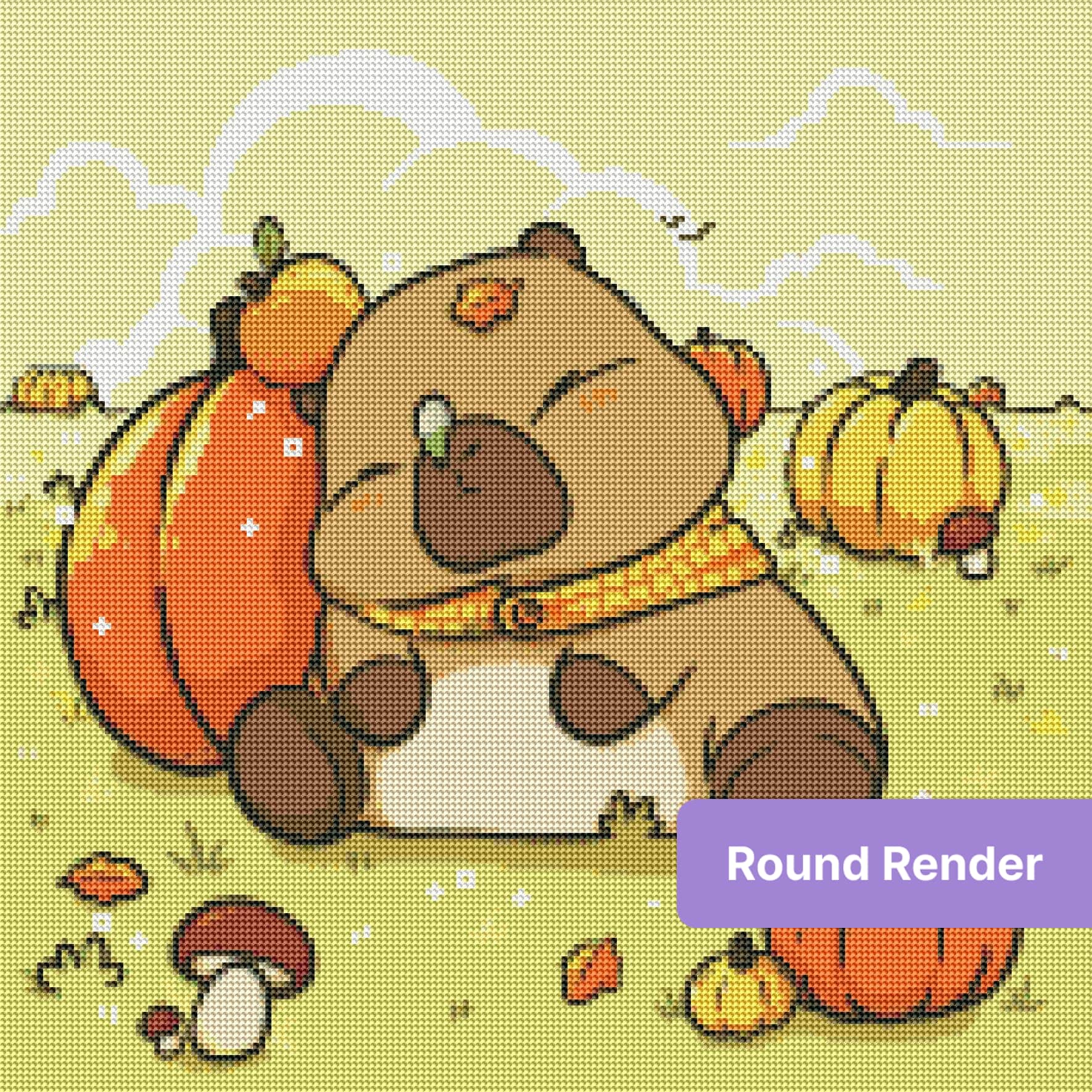 Cute sleeping bear with pumpkins in a cozy autumn meadow scene
