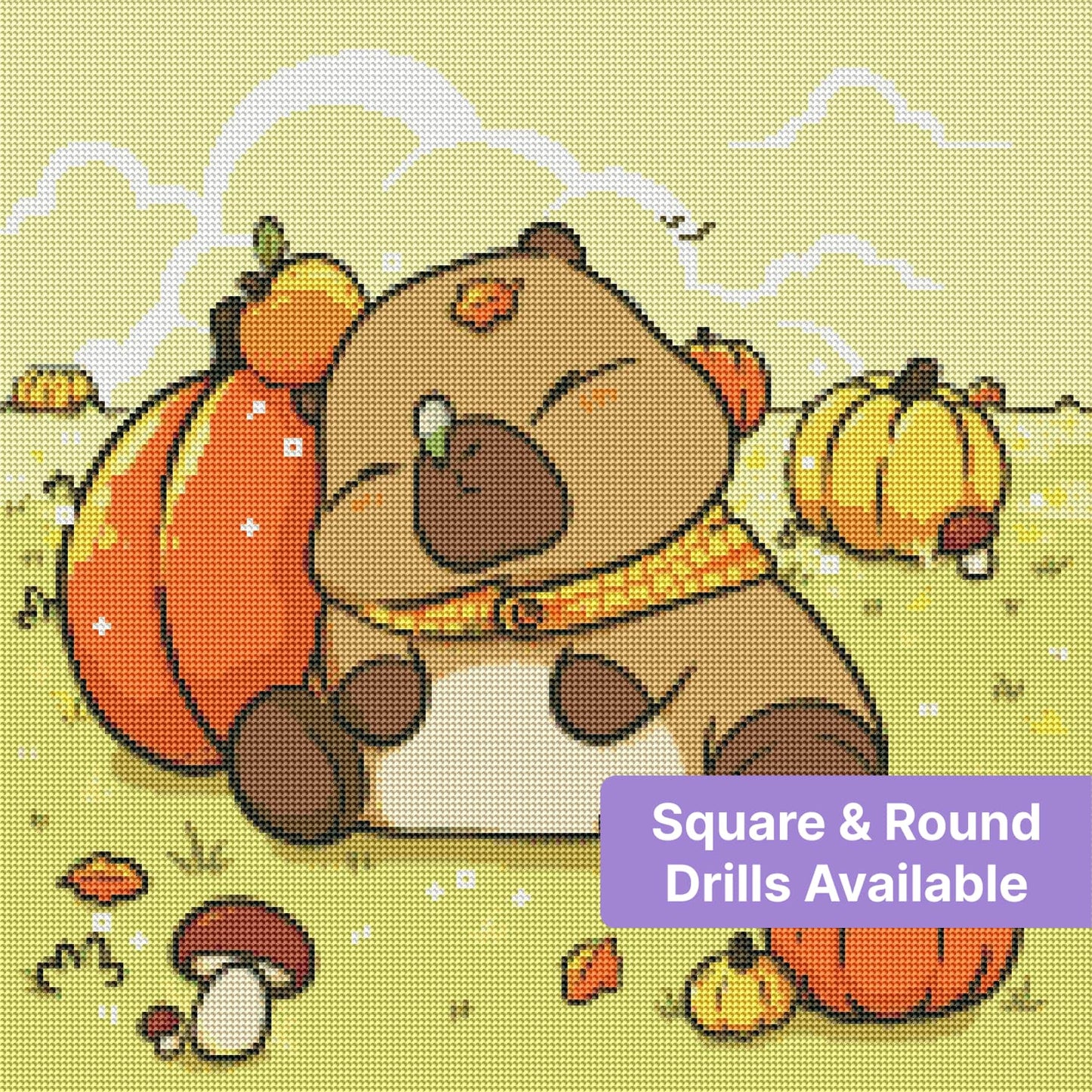 Cute sleeping bear with pumpkins in a cozy autumn meadow scene