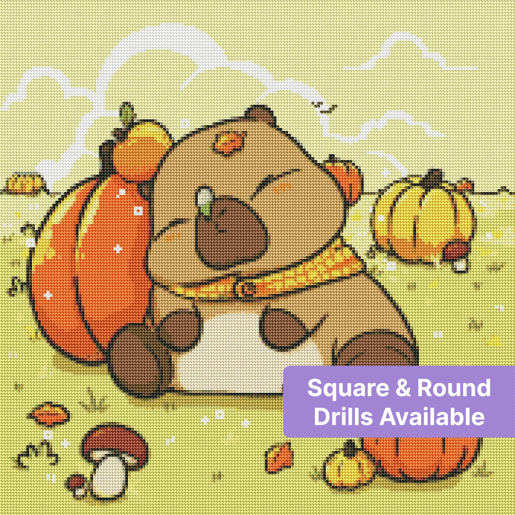 Cute sleeping bear with pumpkins in a cozy autumn meadow scene