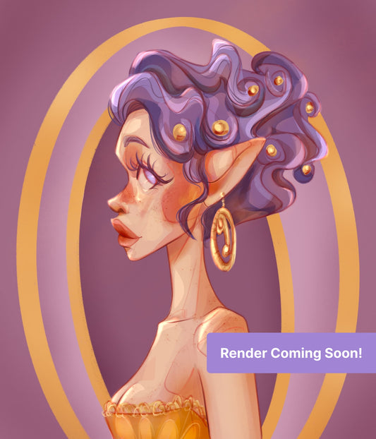 Fantasy fairy portrait with purple hair, gold accents, and elegant side profile