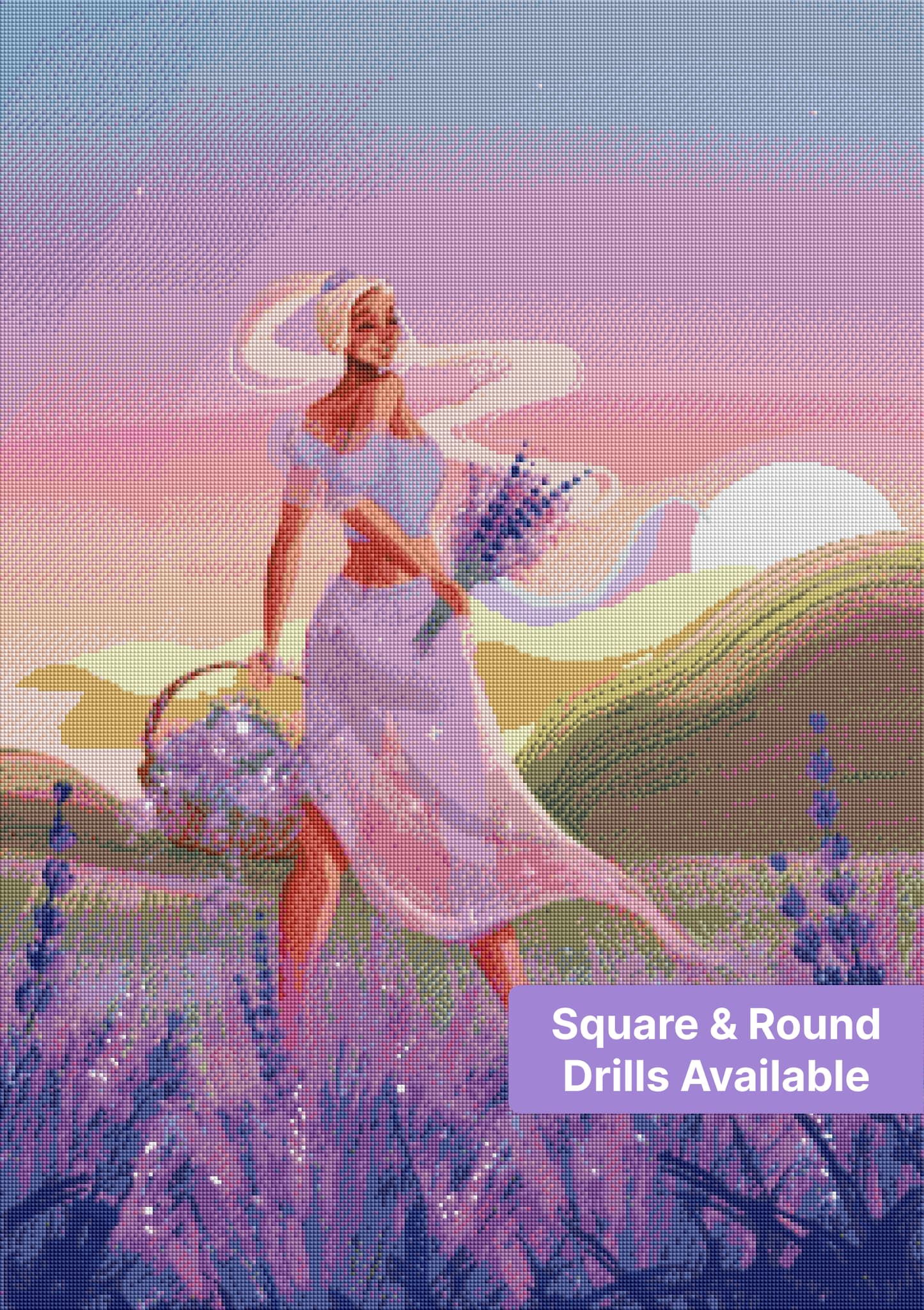 Fantasy girl in a lavender field with flowing hair, pastel sunset, and floral bouquet