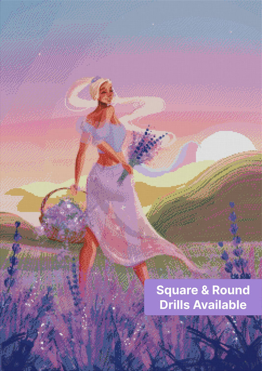 Fantasy girl in a lavender field with flowing hair, pastel sunset, and floral bouquet