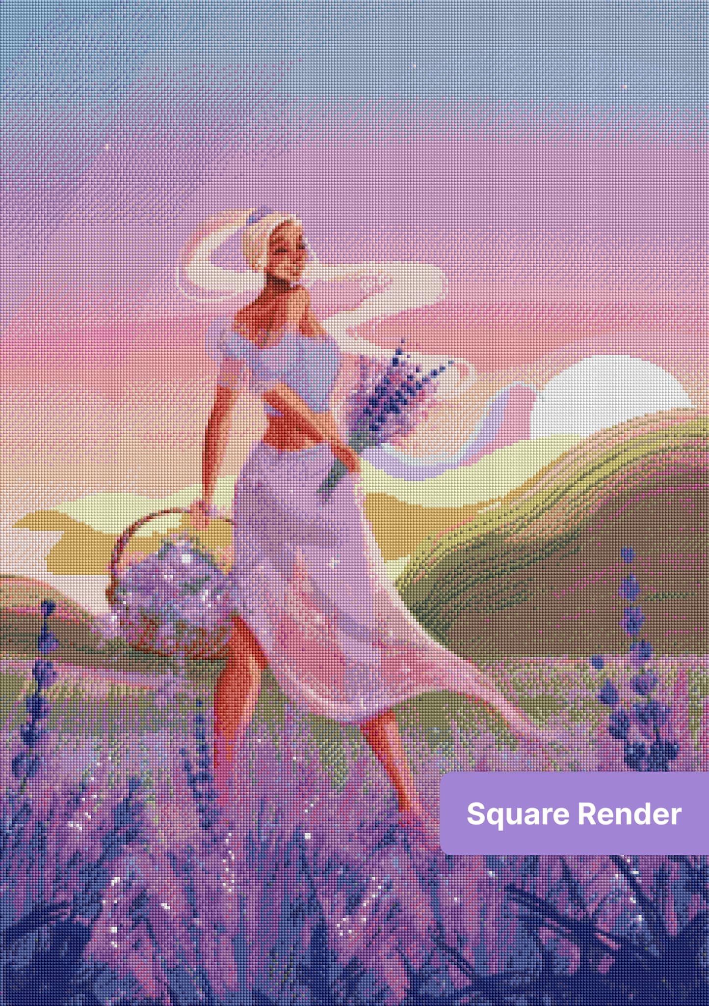 Fantasy girl in a lavender field with flowing hair, pastel sunset, and floral bouquet
