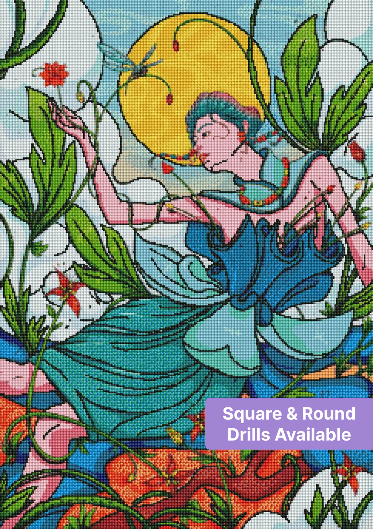 Fantasy floral woman in teal dress with lush leaves, dragonfly, and glowing sun