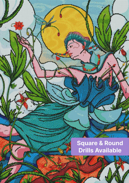 Fantasy floral woman in teal dress with lush leaves, dragonfly, and glowing sun
