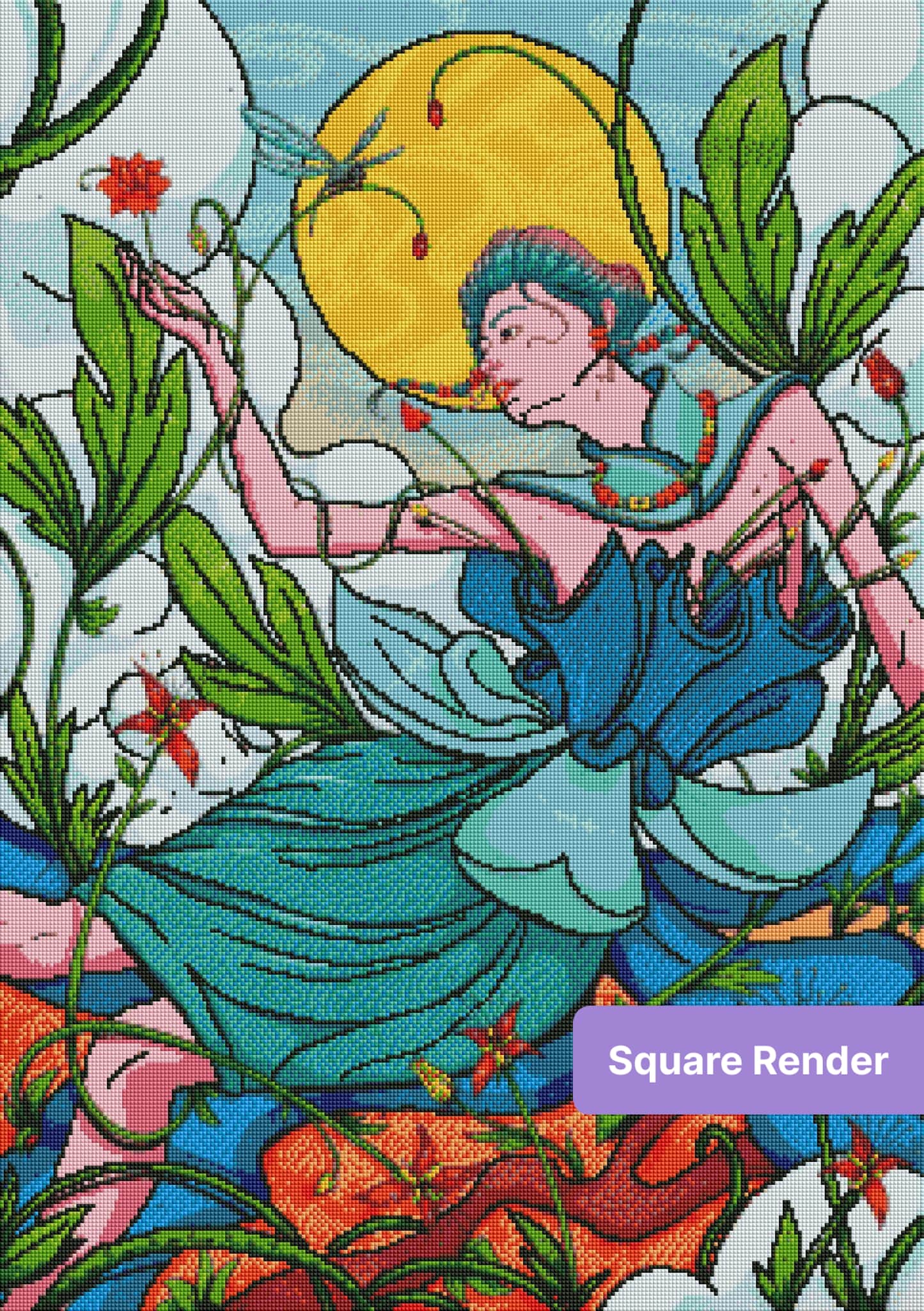 Fantasy floral woman in teal dress with lush leaves, dragonfly, and glowing sun
