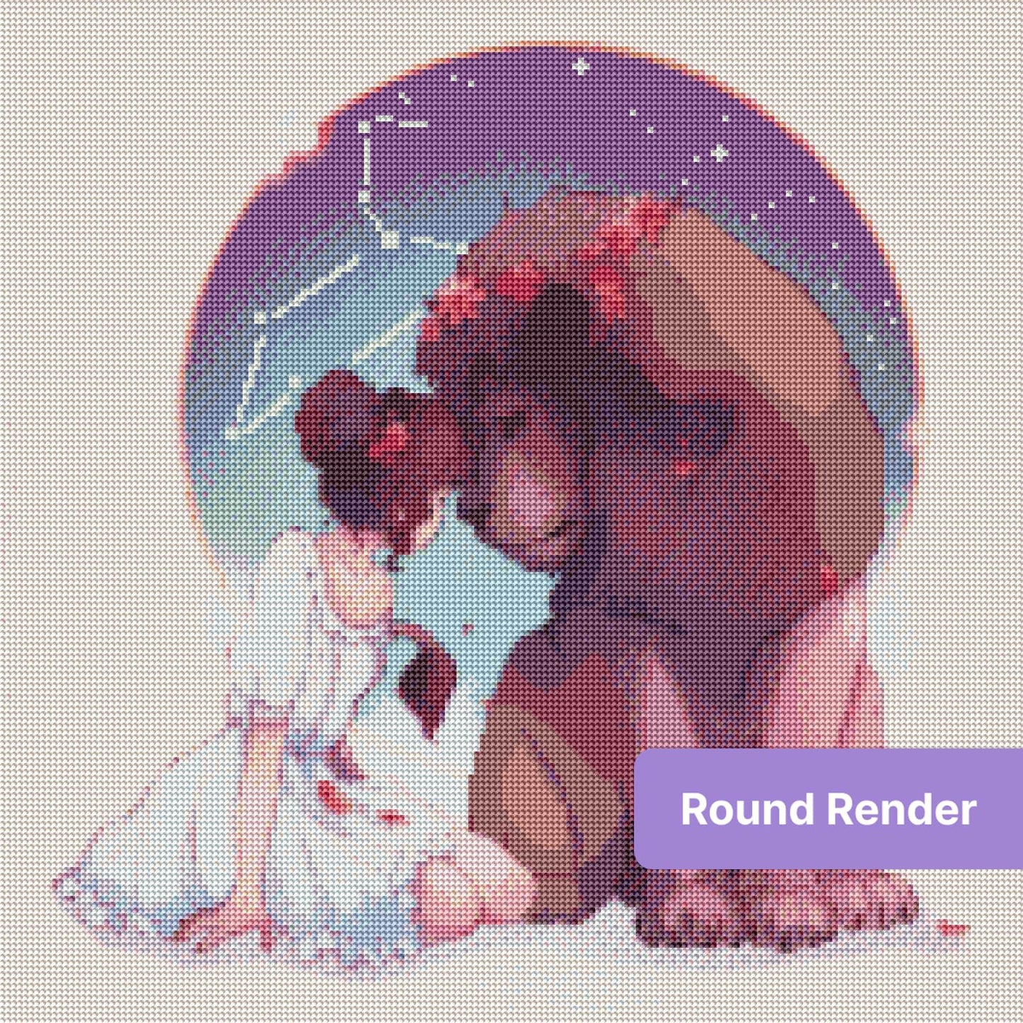Girl and lion in a dreamy celestial fantasy style with flowers and stars