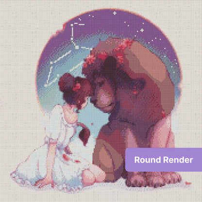 Girl and lion in a dreamy celestial fantasy style with flowers and stars