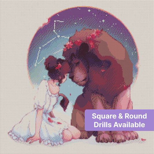 Girl and lion in a dreamy celestial fantasy style with flowers and stars
