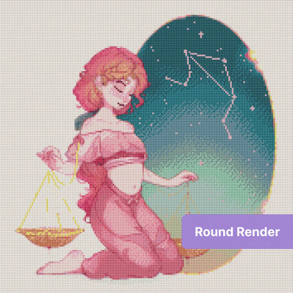 Illustrated Libra zodiac girl with golden scales and a starry teal constellation background
