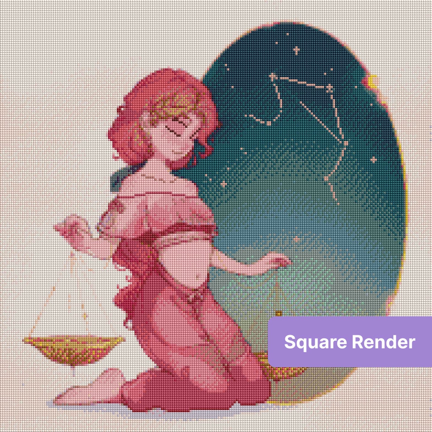 Illustrated Libra zodiac girl with golden scales and a starry teal constellation background