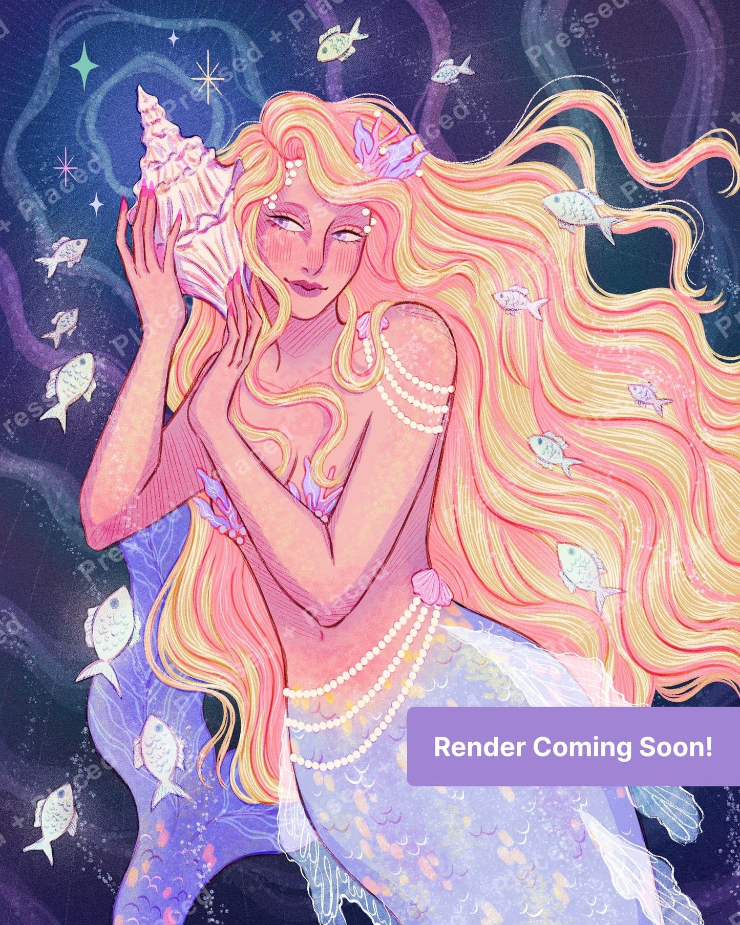 Fantasy mermaid with flowing hair, seashell, and fish in pastel underwater style