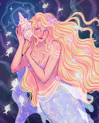 Fantasy mermaid with flowing hair, seashell, and fish in pastel underwater style
