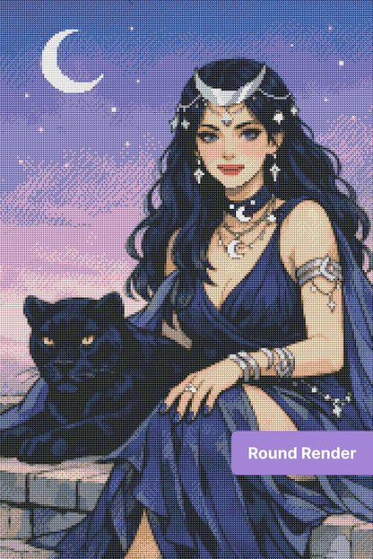 Fantasy moon goddess with black panther, purple sky, and celestial jewelry in anime style