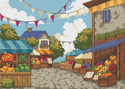 Colorful village market street with produce stalls, rustic houses, and festive bunting under a bright sky