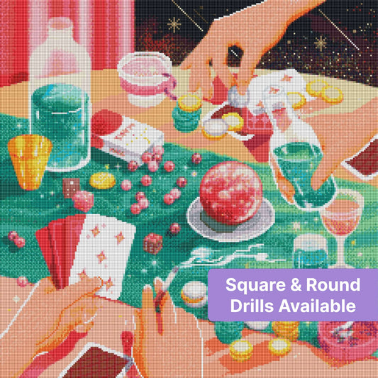 Whimsical space-themed diamond art with hands, cards, tokens, and glowing colors