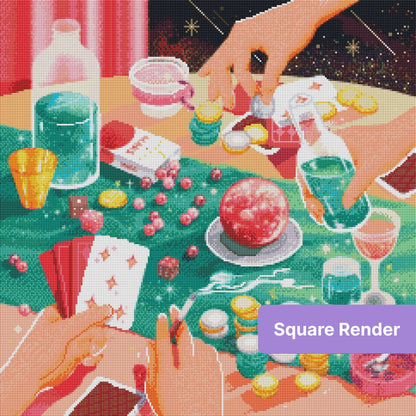 Whimsical space-themed diamond art with hands, cards, tokens, and glowing colors