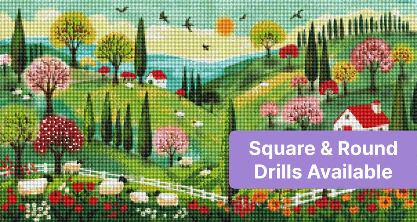 Colorful spring countryside landscape with sheep, blooming trees, cottages, and rolling hills