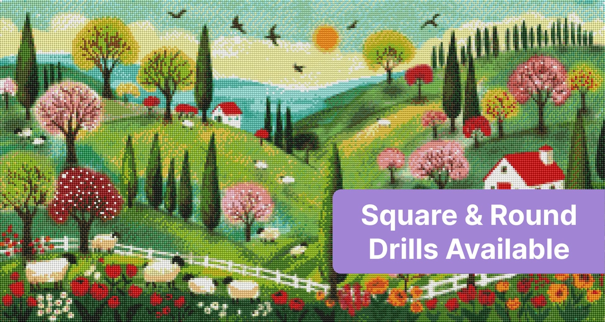 Colorful spring countryside landscape with sheep, blooming trees, cottages, and rolling hills