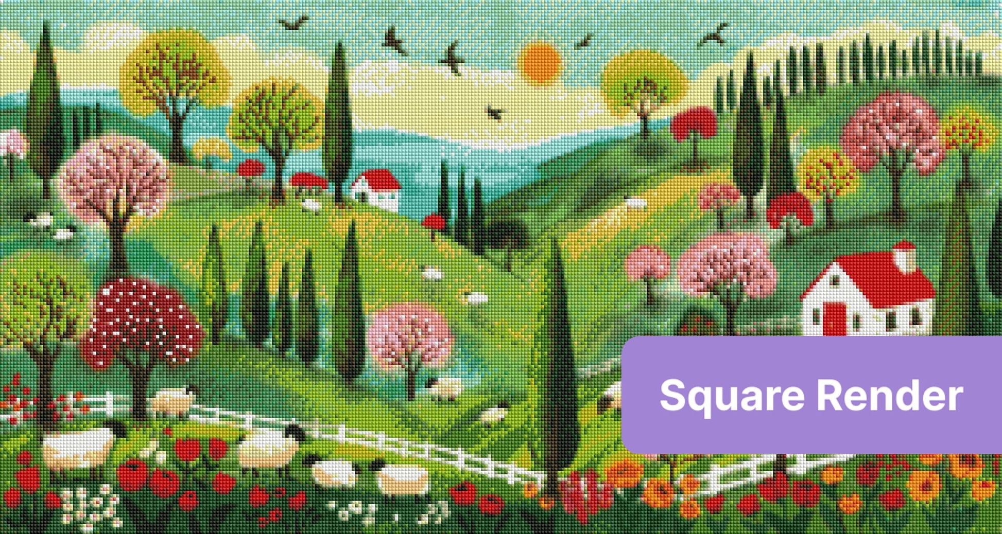 Colorful spring countryside landscape with sheep, blooming trees, cottages, and rolling hills