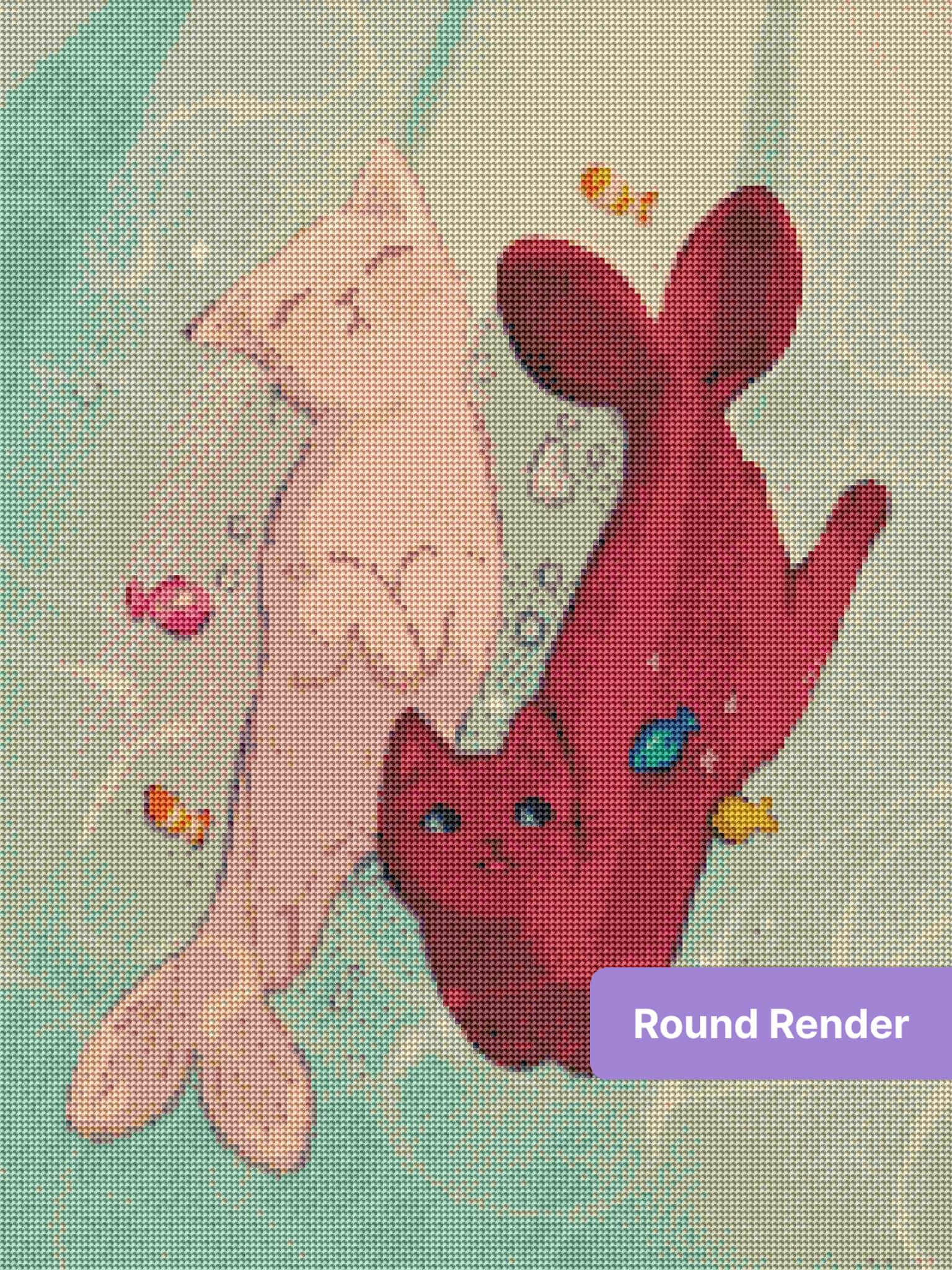 Two cute cats swimming underwater with colorful fish in a whimsical pastel art style