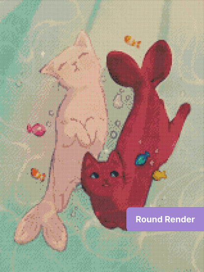 Two cute cats swimming underwater with colorful fish in a whimsical pastel art style