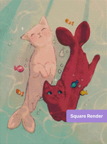 Two cute cats swimming underwater with colorful fish in a whimsical pastel art style
