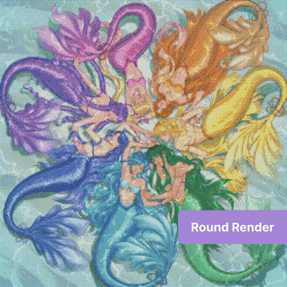 Seven colorful mermaids with flowing tails arranged in a circular rainbow fantasy design