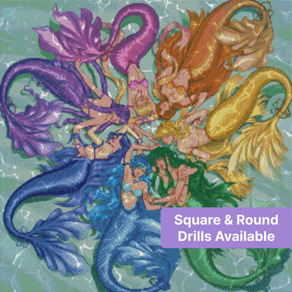 Seven colorful mermaids with flowing tails arranged in a circular rainbow fantasy design