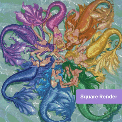 Seven colorful mermaids with flowing tails arranged in a circular rainbow fantasy design