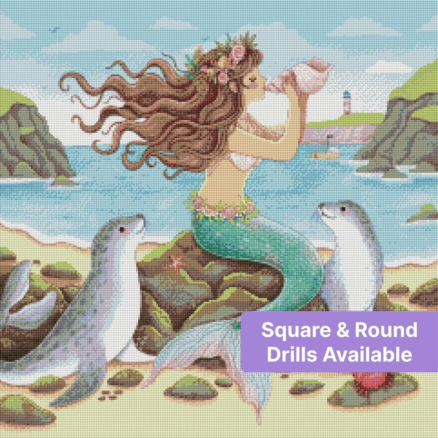 Mermaid with flowing hair and seals on a rocky seaside shore in soft watercolor style