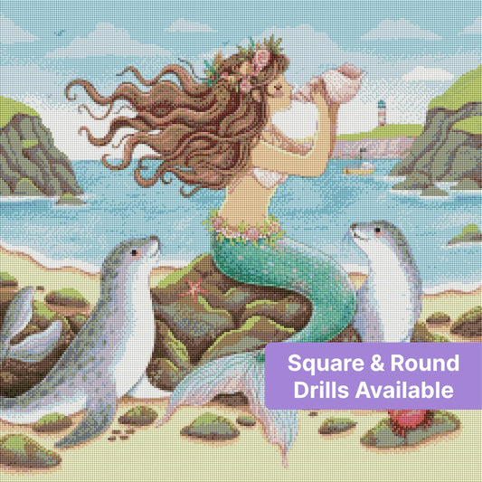 Mermaid with flowing hair and seals on a rocky seaside shore in soft watercolor style