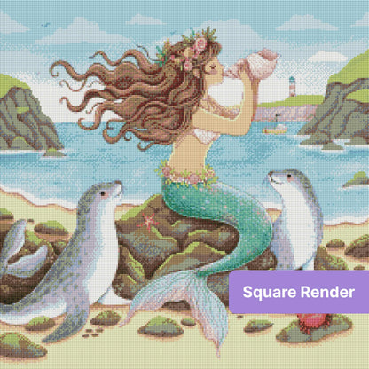 Mermaid with flowing hair and seals on a rocky seaside shore in soft watercolor style