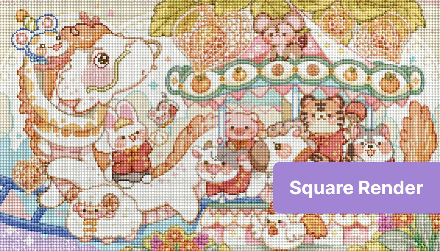 Cute pastel animal carousel with kawaii characters, hearts, flowers, and a dreamy fairground theme