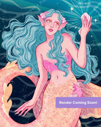 Fantasy mermaid with flowing aqua hair, seashell crown, and shimmering tail in a teal ocean scene