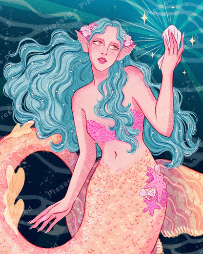 Fantasy mermaid with flowing aqua hair, seashell crown, and shimmering tail in a teal ocean scene