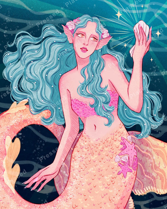 Fantasy mermaid with flowing aqua hair, seashell crown, and shimmering tail in a teal ocean scene