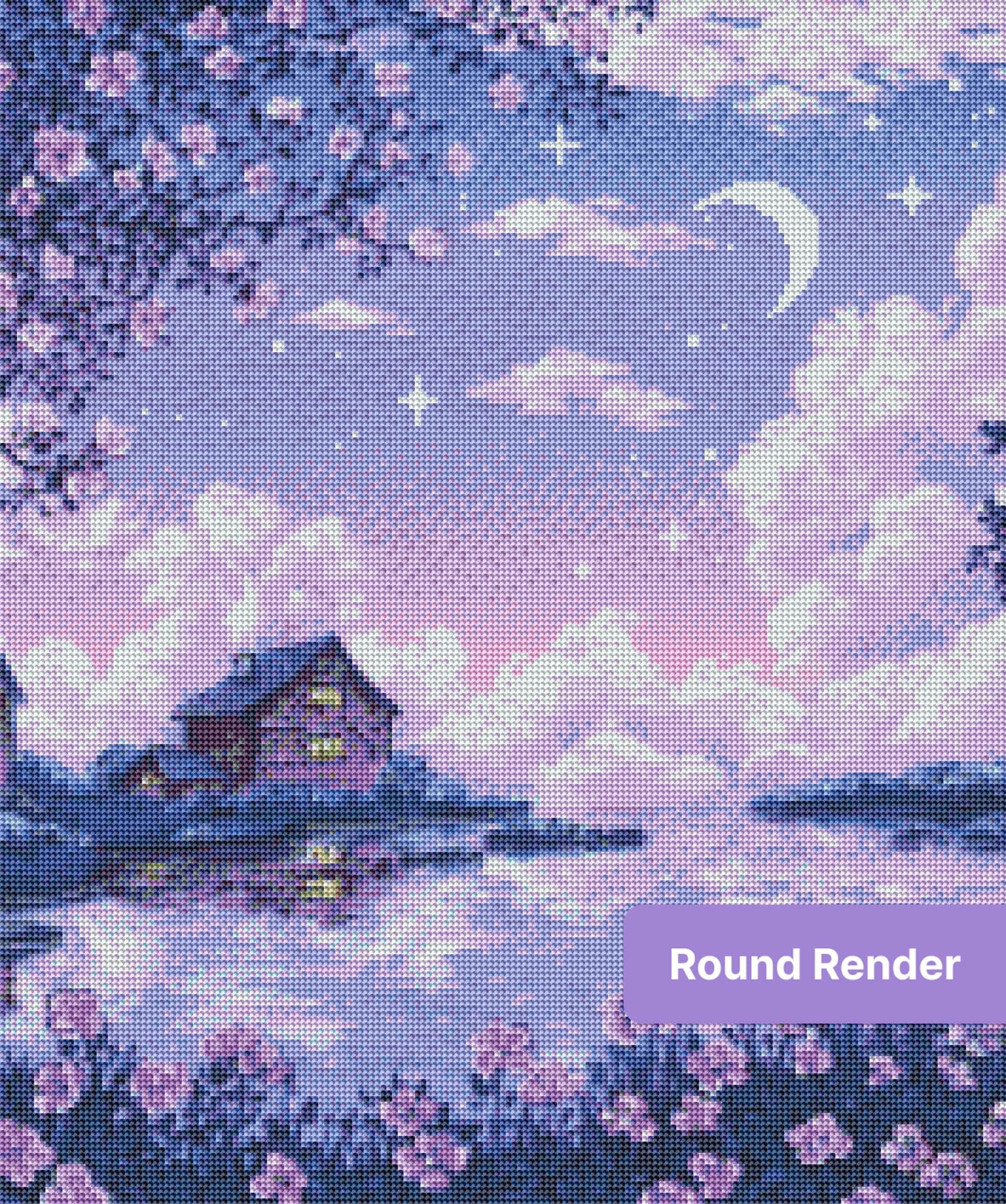 Moonlit cottage landscape with cherry blossoms, pastel sky, and reflective lavender water