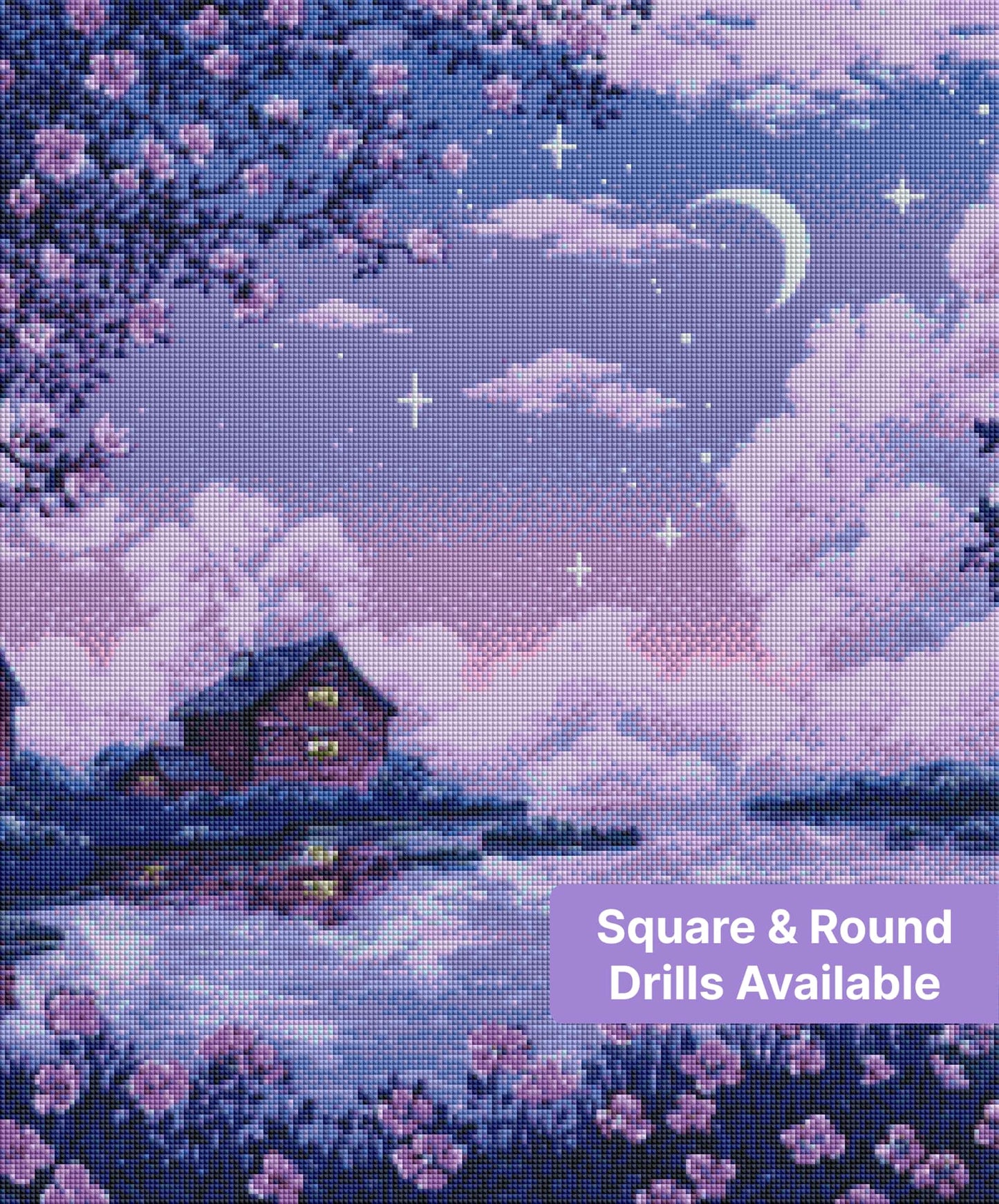 Moonlit cottage landscape with cherry blossoms, pastel sky, and reflective lavender water
