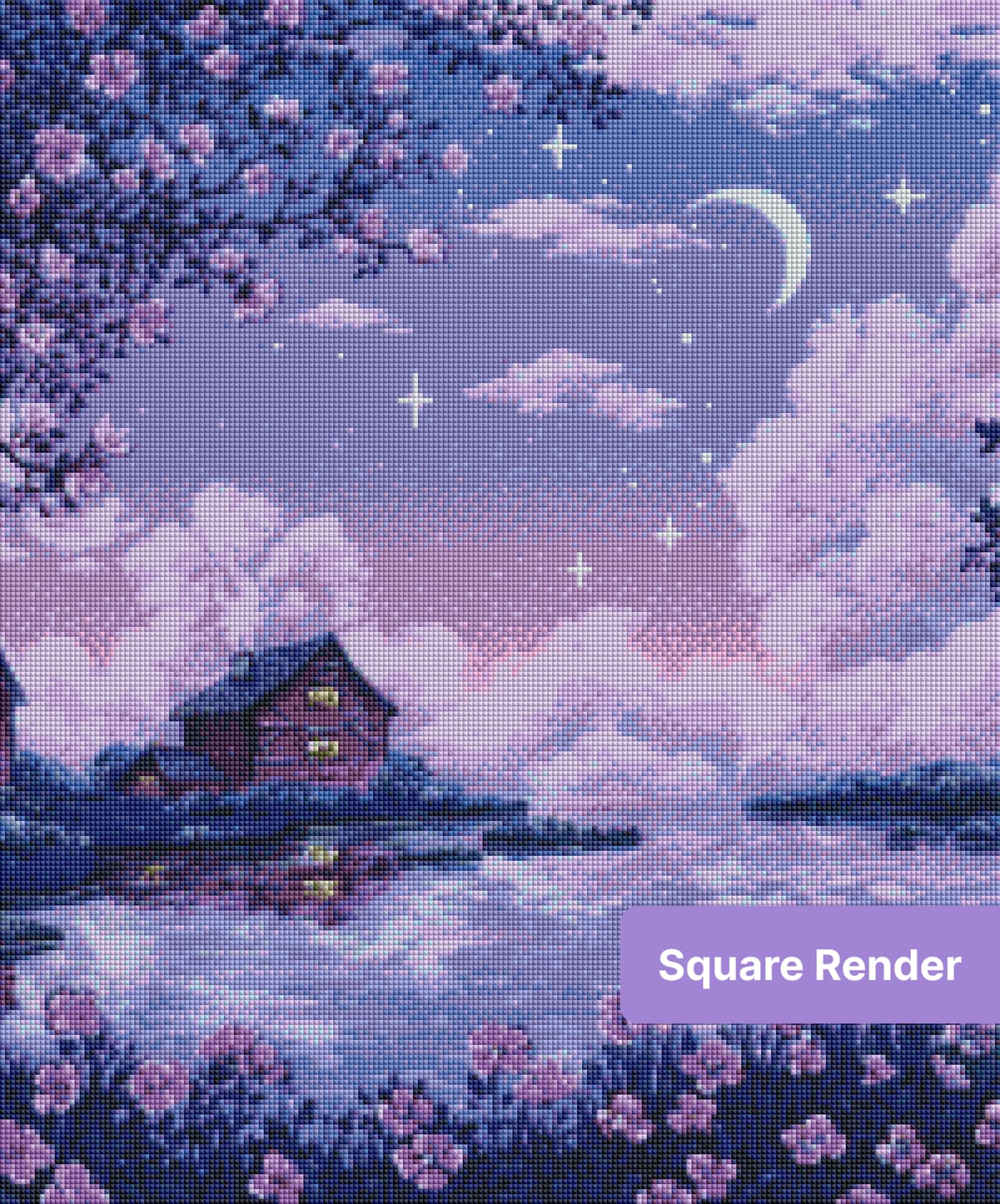 Moonlit cottage landscape with cherry blossoms, pastel sky, and reflective lavender water