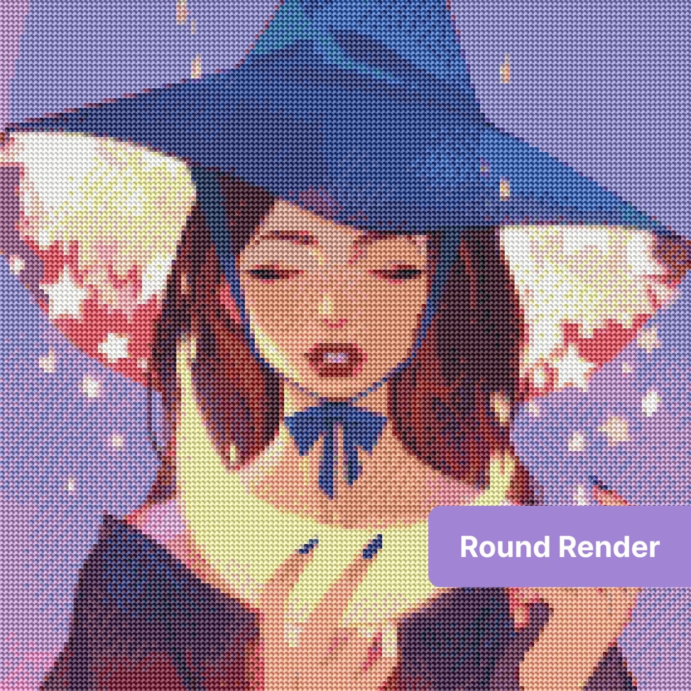 Fantasy girl in a blue witch hat with glowing stars and warm pastel light