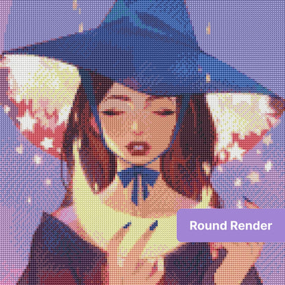 Fantasy girl in a blue witch hat with glowing stars and warm pastel light