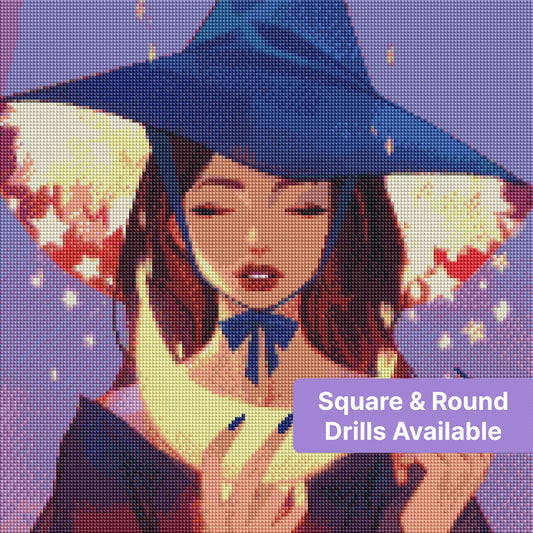 Fantasy girl in a blue witch hat with glowing stars and warm pastel light