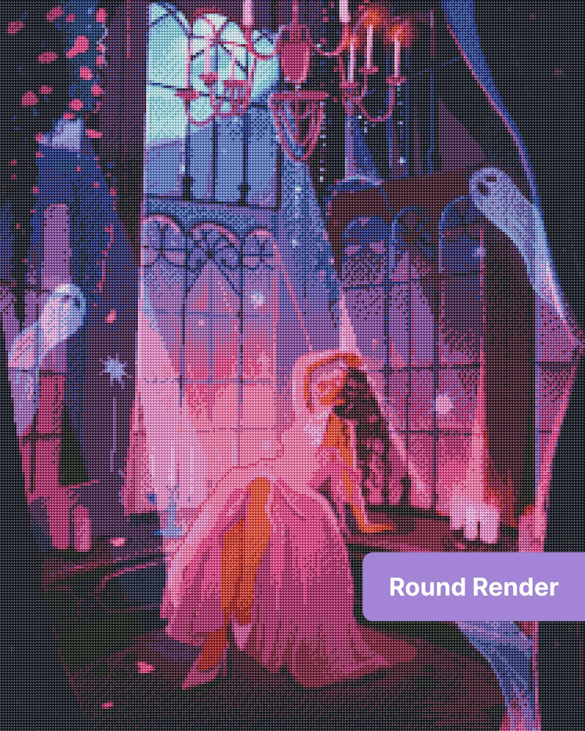 Gothic ghost girl in pink gown with glowing candles and haunted purple windows
