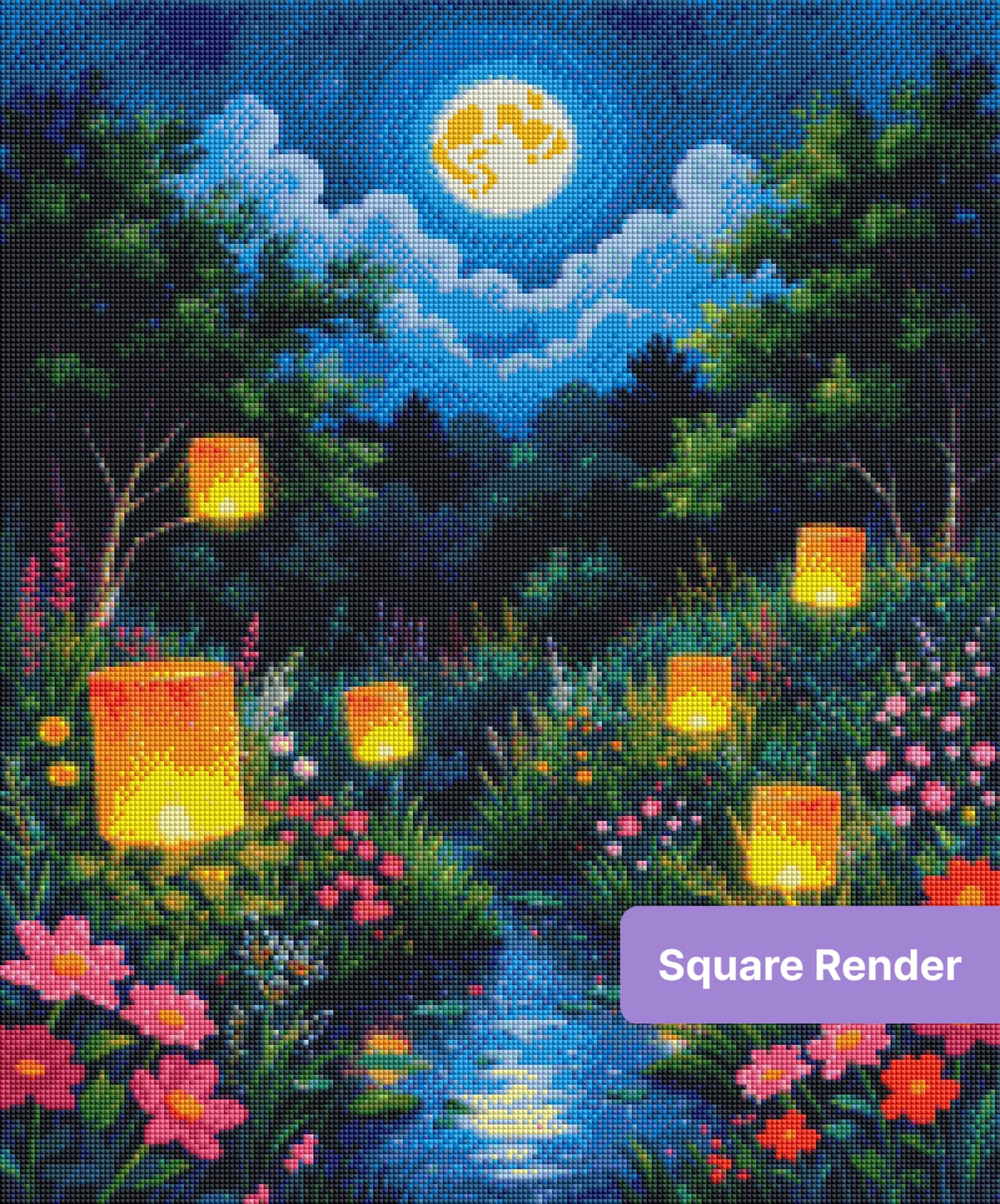 Moonlit garden landscape with glowing lanterns, bright wildflowers, and a full moon over a stream