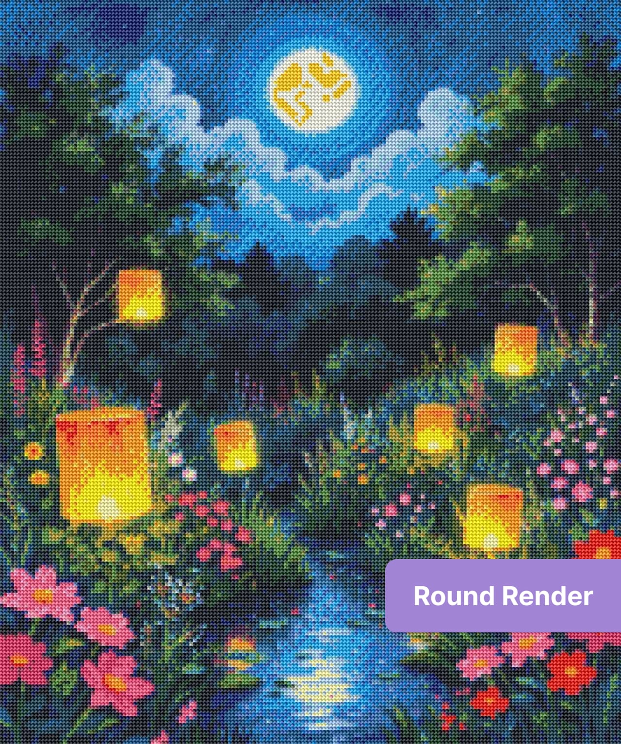 Moonlit garden landscape with glowing lanterns, bright wildflowers, and a full moon over a stream
