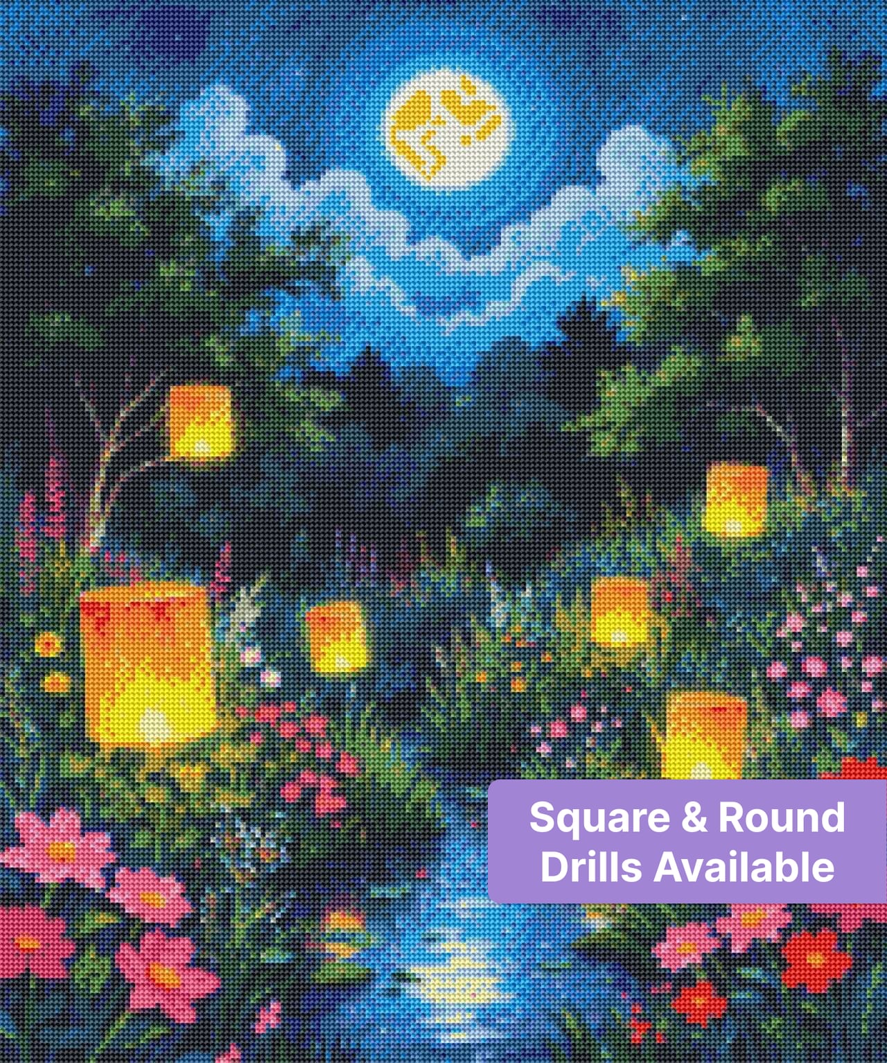 Moonlit garden landscape with glowing lanterns, bright wildflowers, and a full moon over a stream