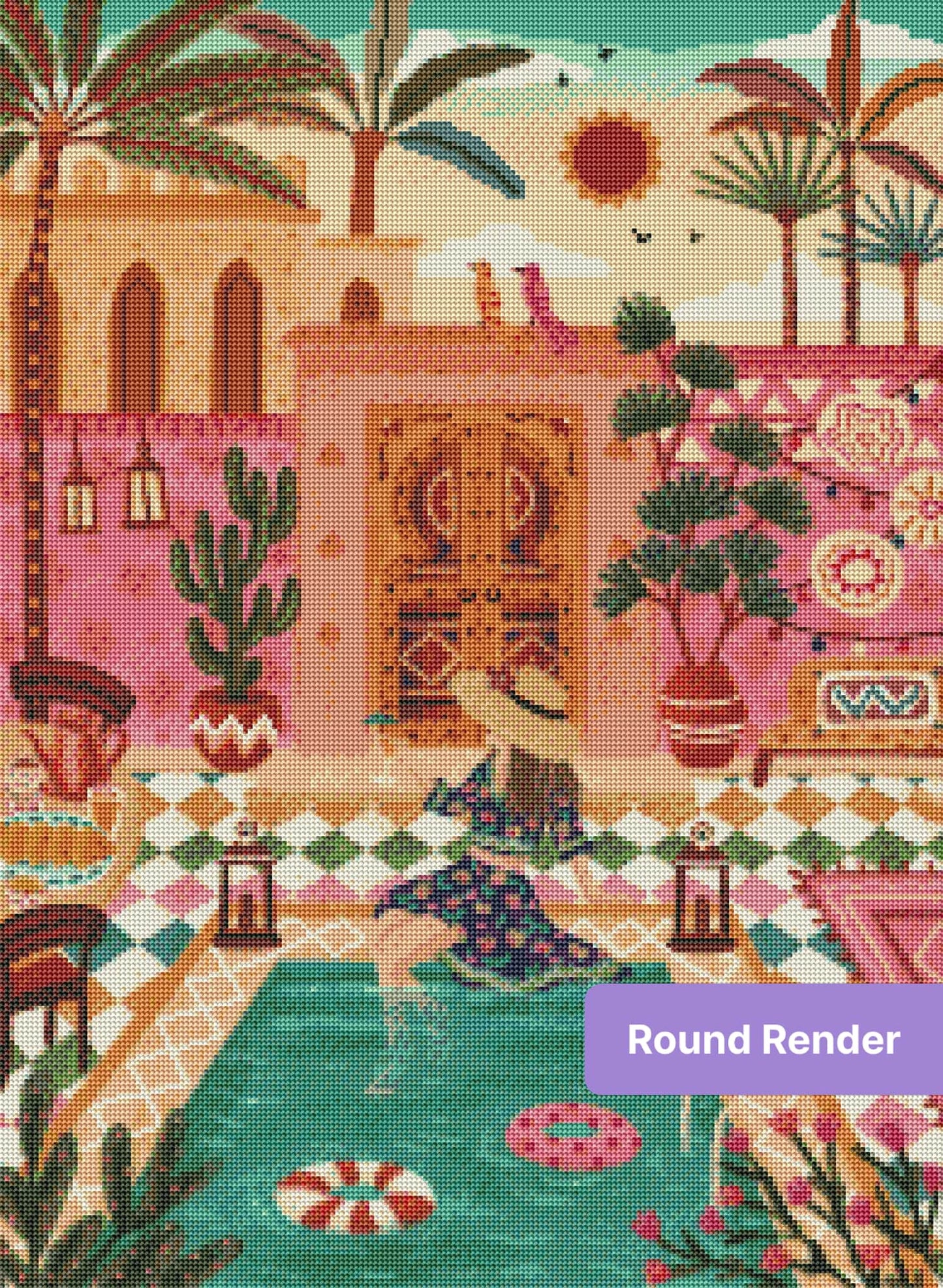 Moroccan courtyard pool scene with palm trees, bright tiles, and warm bohemian decor